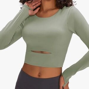 ADANOLA Eden Green Long Sleeve Crop Top w Built -in Bra Sz Med